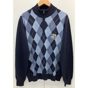 Canali Sweater Mens 54 Navy Argyle 1/4 Zip Merino Wool Ryder Cup 2010 Made Italy